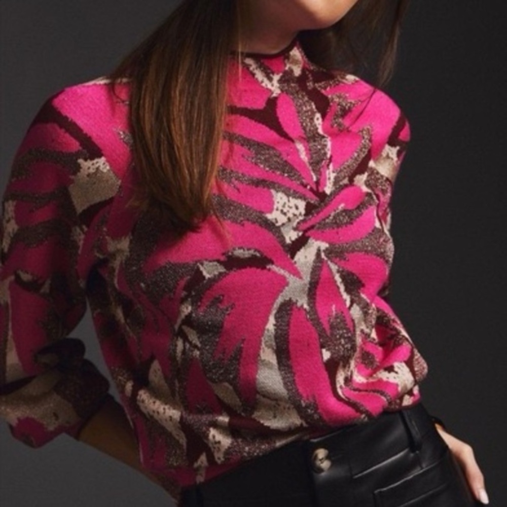 Anthropologie Beatriz MockNeck Sweater Pink Shimmer Combo Balloon Sleeve EUC XXS